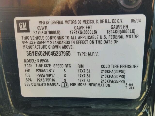 3GYEK62N64G287965 - 2004 CADILLAC ESCALADE E BLACK photo 10