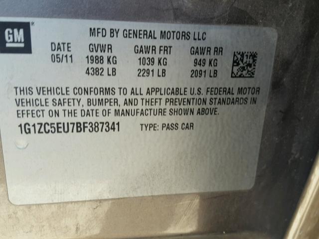 1G1ZC5EU7BF387341 - 2011 CHEVROLET MALIBU 1LT GOLD photo 10