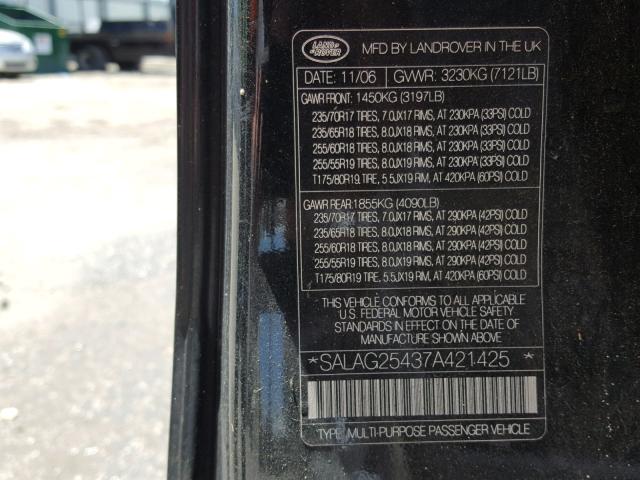 SALAG25437A421425 - 2007 LAND ROVER LR3 HSE BLACK photo 10