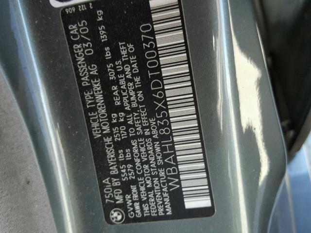 WBAHL835X6DT00370 - 2006 BMW 750 I GRAY photo 10