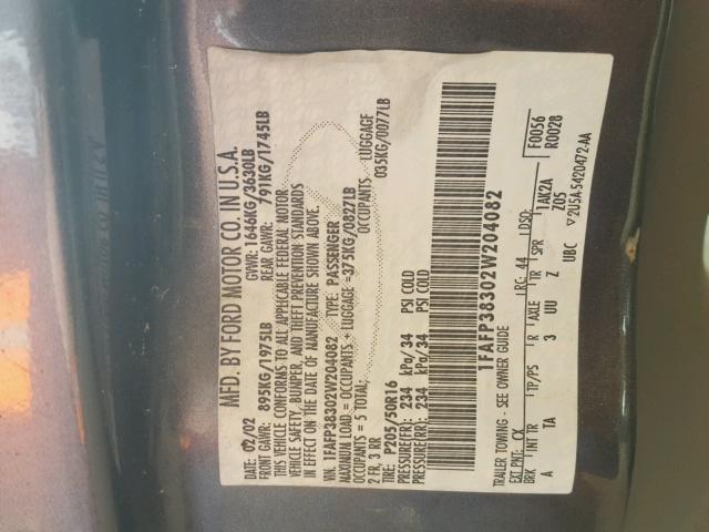 1FAFP38302W204082 - 2002 FORD FOCUS ZTS GRAY photo 10