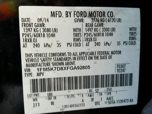 1FM5K7D8XFGA92805 - 2015 FORD EXPLORER X BLACK photo 10