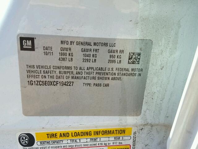 1G1ZC5E0XCF194227 - 2012 CHEVROLET MALIBU 1LT 白色 照片 10