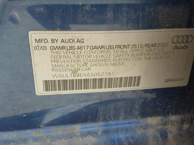 WAULT68EX4A052191 - 2004 AUDI A4 3.0 QUA BLUE photo 10