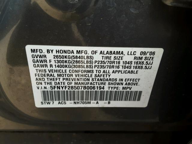 5FNYF28507B006194 - 2007 HONDA PILOT EXL CHARCOAL photo 10