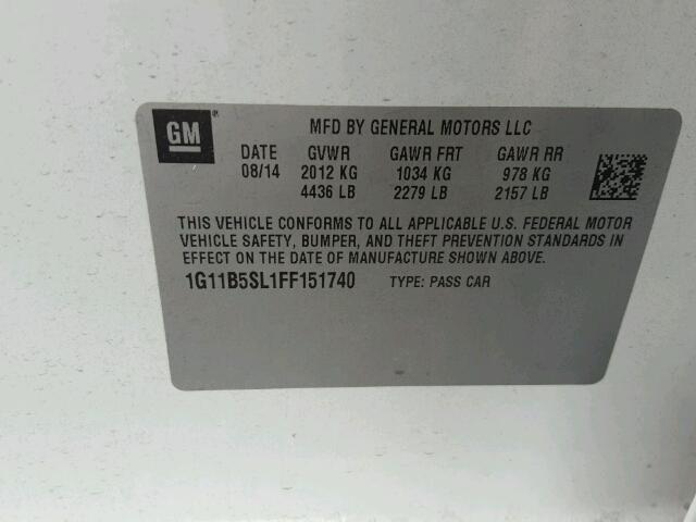 1G11B5SL1FF151740 - 2015 CHEVROLET MALIBU LS 白色 照片 10