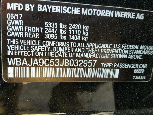 WBAJA9C53JB032957 - 2018 BMW 530E BLACK photo 10