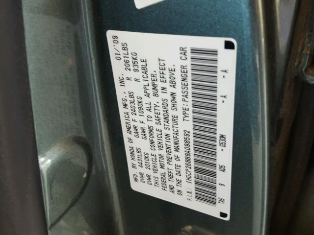 1HGCP26889A098592 - 2009 HONDA ACCORD EXL GREEN photo 10