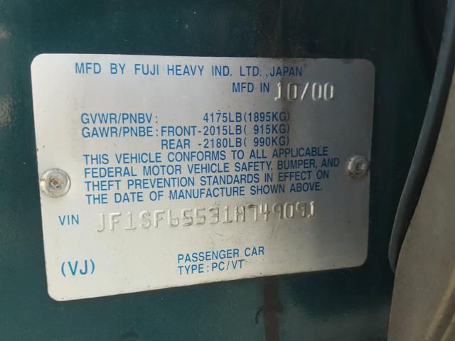 JF1SF65531H749091 - 2001 SUBARU FORESTER S GREEN photo 10