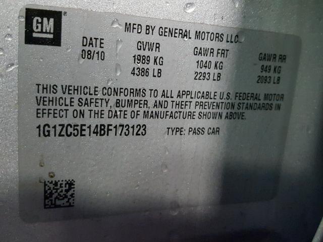 1G1ZC5E14BF173123 - 2011 CHEVROLET MALIBU 1LT 银色 照片 10