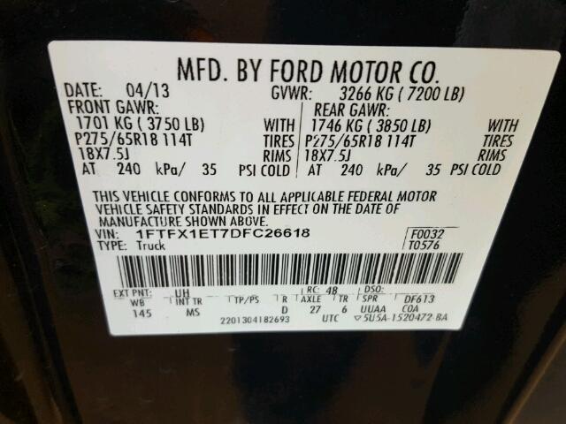 1FTFX1ET7DFC26618 - 2013 FORD F150 SUPER BLACK photo 10