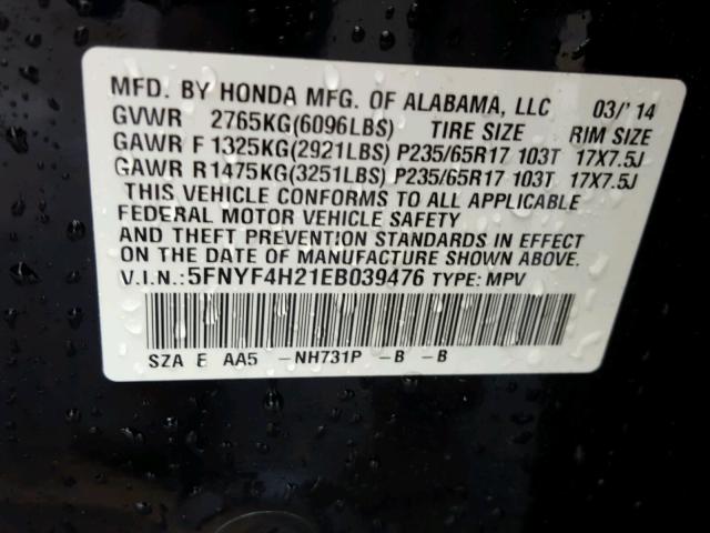 5FNYF4H21EB039476 - 2014 HONDA PILOT LX BLACK photo 10