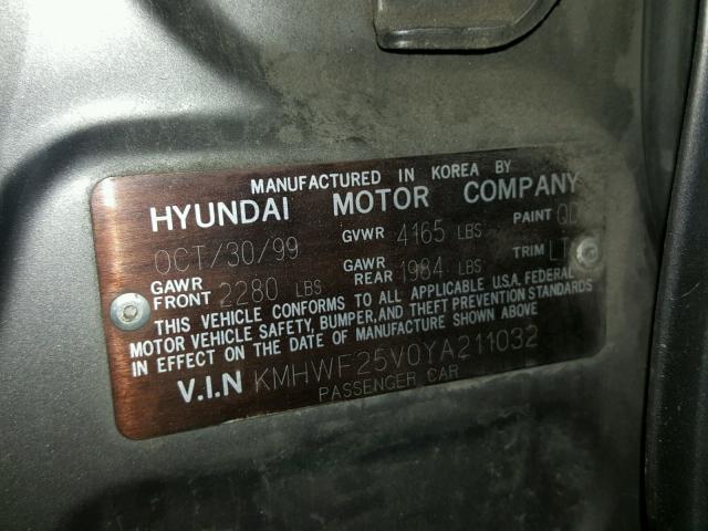 KMHWF25V0YA211032 - 2000 HYUNDAI SONATA BAS GRAY photo 10