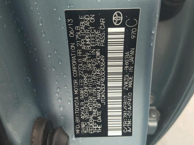 JTDKN3DP4D3043649 - 2013 TOYOTA PRIUS PLUG TEAL photo 10