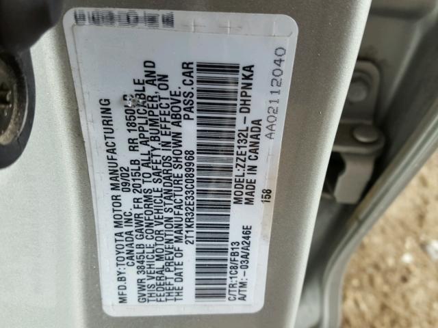 2T1KR32E33C089968 - 2003 TOYOTA COROLLA MA SILVER photo 10