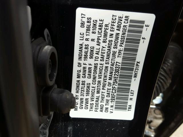 19XFC2F75HE230377 - 2017 HONDA CIVIC EX BLACK photo 10