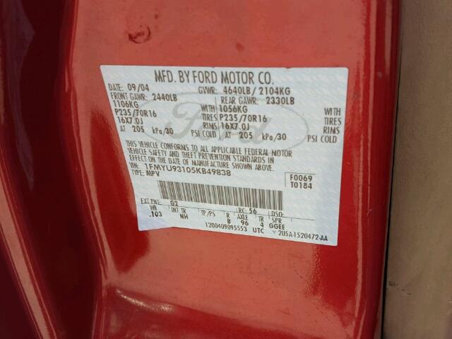 1FMYU93105KB49838 - 2005 FORD ESCAPE XLT RED photo 10