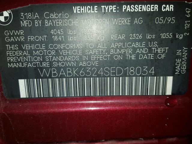 WBABK6324SED18034 - 1995 BMW 318 IC AUT RED photo 10