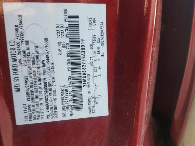 2FMDA58275BA38019 - 2005 FORD FREESTAR L MAROON photo 10