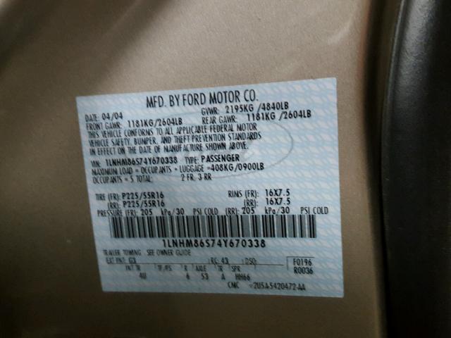 1LNHM86S74Y670338 - 2004 LINCOLN LS 金色 照片 10