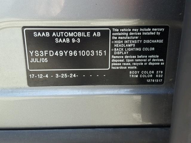 YS3FD49Y961003151 - 2006 SAAB 9-3 BASE GRAY photo 10