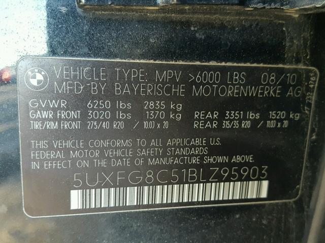 5UXFG8C51BLZ95903 - 2011 BMW X6 XDRIVE5 შავი ფოტო 10