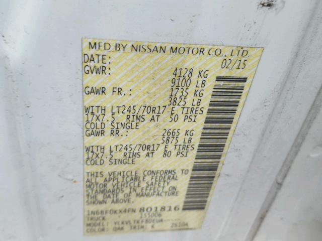 1N6BF0KX4FN801816 - 2015 NISSAN NV 1500 WHITE photo 10