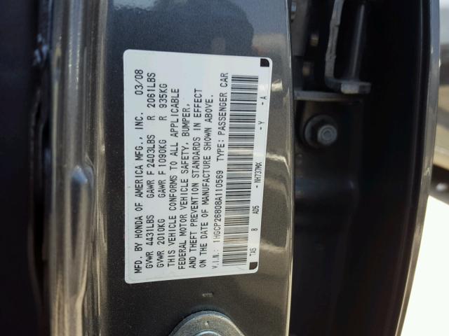 1HGCP26808A110569 - 2008 HONDA ACCORD EXL GRAY photo 10