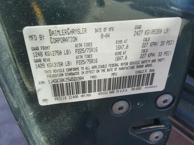 1J4GK38K25W526984 - 2005 JEEP LIBERTY RE GREEN photo 10