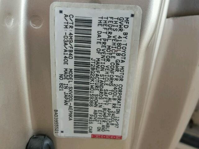 JT2BG22K1W0159366 - 1998 TOYOTA CAMRY CE TAN photo 10