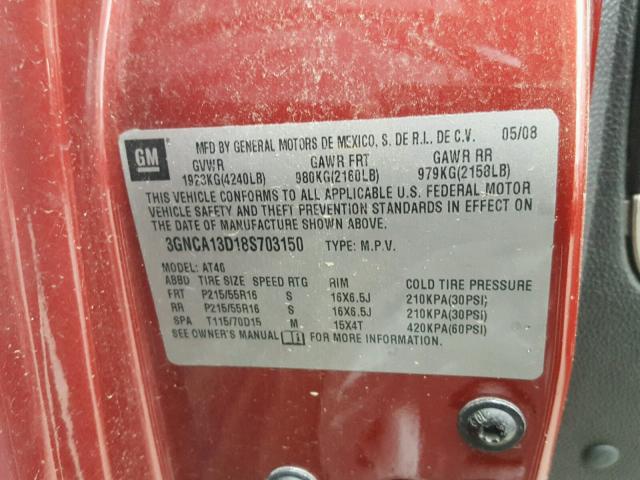 3GNCA13D18S703150 - 2008 CHEVROLET HHR LS BURGUNDY photo 10