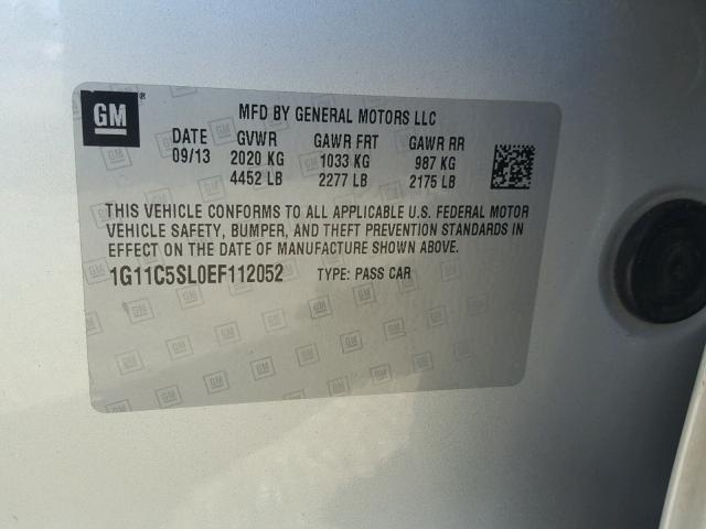 1G11C5SL0EF112052 - 2014 CHEVROLET MALIBU 1LT SILVER photo 10