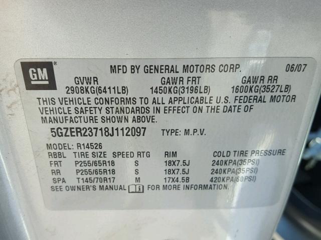 5GZER23718J112097 - 2008 SATURN OUTLOOK XR ვერცხლისფერი ფოტო 10