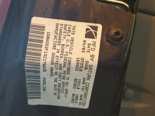 1G8AG52F13Z176645 - 2003 SATURN ION LEVEL MAROON photo 10
