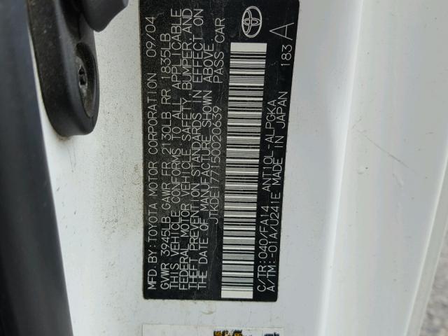 JTKDE177150020639 - 2005 TOYOTA SCION TC 白色 照片 10