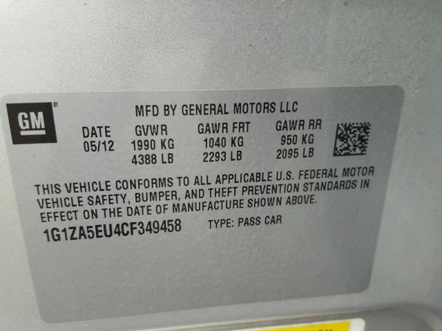 1G1ZA5EU4CF349458 - 2012 CHEVROLET MALIBU LS 银色 照片 10