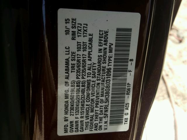 5FNRL5H38GB031096 - 2016 HONDA ODYSSEY SE BURGUNDY photo 10