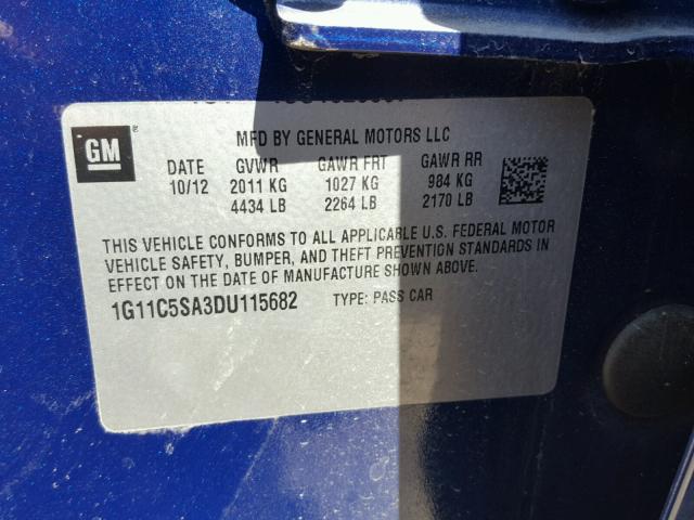 1G11C5SA3DU115682 - 2013 CHEVROLET MALIBU 1LT 蓝色 照片 10