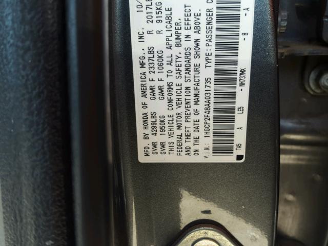 1HGCP2F48AA031735 - 2010 HONDA ACCORD LXP GRAY photo 10