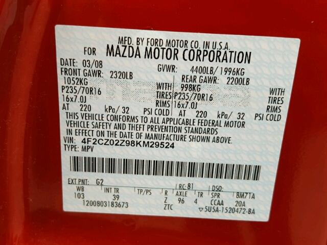 4F2CZ02Z98KM29524 - 2008 MAZDA TRIBUTE I RED photo 10