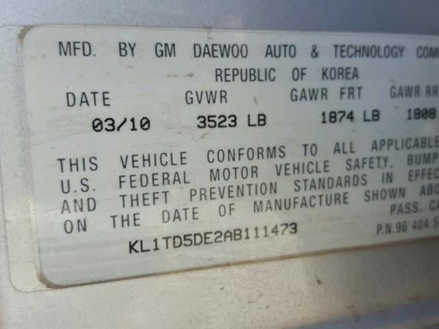 KL1TD5DE2AB111473 - 2010 CHEVROLET AVEO LS SILVER photo 10