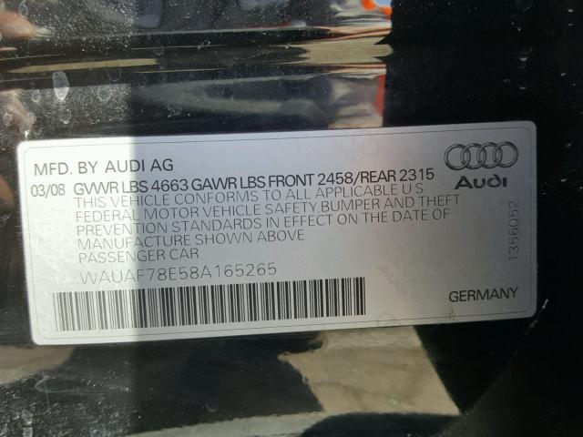 WAUAF78E58A165265 - 2008 AUDI A4 2.0T BLACK photo 10