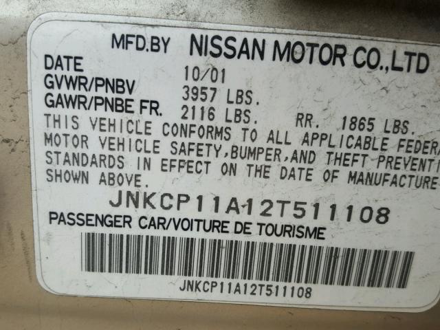 JNKCP11A12T511108 - 2002 INFINITI G20 GOLD photo 10