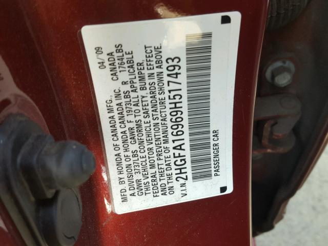 2HGFA16969H517493 - 2009 HONDA CIVIC EXL წითელი ფოტო 10