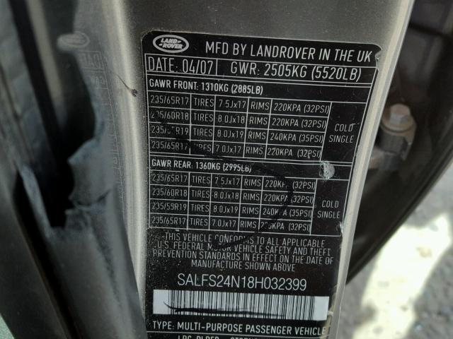 SALFS24N18H032399 - 2008 LAND ROVER LR2 SE TEC CHARCOAL photo 10