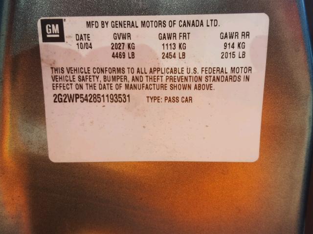 2G2WP542851193531 - 2005 PONTIAC GRAND PRIX ლურჯი ფოტო 10