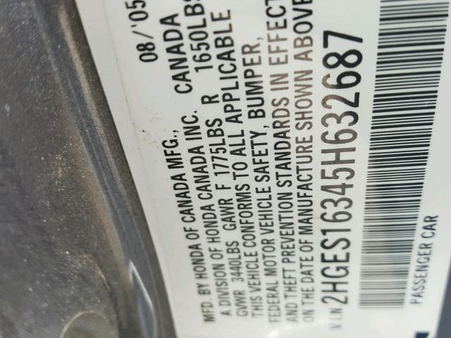 2HGES16345H632687 - 2005 HONDA CIVIC DX V GRAY photo 10