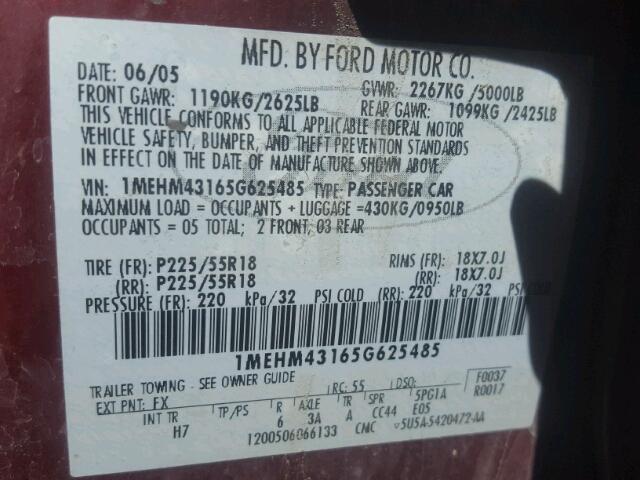 1MEHM43165G625485 - 2005 MERCURY MONTEGO PR 栗色 照片 10