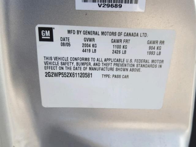 2G2WP552X61120581 - 2006 PONTIAC GRAND PRIX 银色 照片 10