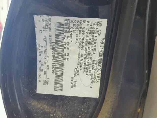 1FAHP55U91A146700 - 2001 FORD TAURUS SES BLACK photo 10